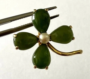 B.A.B. Barton A. Ballou 14K 583 Yellow Gold Brooch Pin 4 Leaf Clover Jade Pearl - Picture 1 of 12