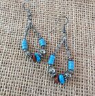 Casual Boho Chic Turquoise Blue & Etched Silver Full Loop Dangle Drop Earrings.