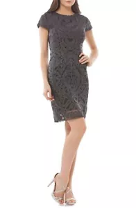 JS COLLECTIONS Dark Gray Short Sleeve Soutache Textured Tulle Sheath Dress 16 XL - Picture 1 of 4