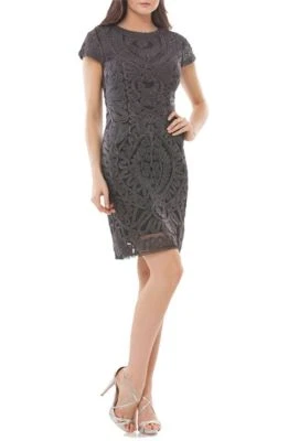 JS COLLECTIONS Dark Gray Short Sleeve Soutache Textured Tulle Sheath Dress 16 XL - Image 1 of 4