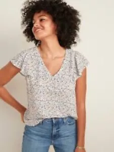 NWT Old Navy White Ditsy Floral Flutter Sleeve V-Neck Top Womens S Cottage Boho - Picture 1 of 8