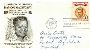 1957 US FDC Ramon Magsaysay 50th Birthday Champion of Liberty 8 cents - Picture 1 of 3