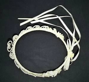 Tiara Head Dress Pearls Bridal Accessory Flower Girl With Ribbon - Picture 1 of 6