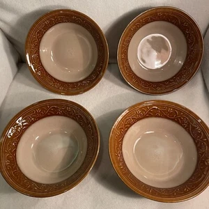 Signature Living Brown/ Tan Embossed Scroll Soup Cereal Bowls Set 4 - Picture 1 of 7
