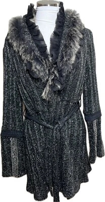 Dolce Cabo XL Cardigan Jacket Wrap Sweater Long Fur Collar Belted Black/Silver - Image 1 of 4