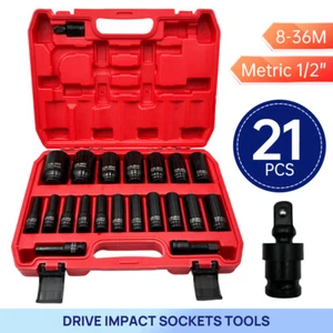 21PCS Impact Sockets Metric Deep 1/2'' Drive 8-36MM Professional Tool Kit - Picture 1 of 13
