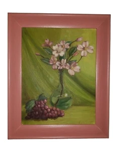 Original Oil Painting On Board Still Life Pink Flowers Vase With Red Grapes - Picture 1 of 6