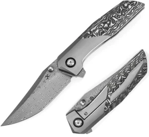 Kansept Knives Deadite Folding Knife 3.5 Damascus Steel Blade Titanium/CF Handle - Picture 1 of 7