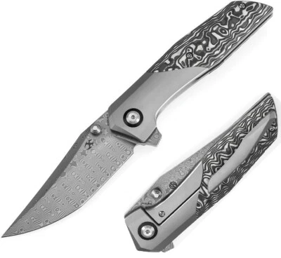 Kansept Knives Deadite Folding Knife 3.5 Damascus Steel Blade Titanium/CF Handle - Image 1 of 4