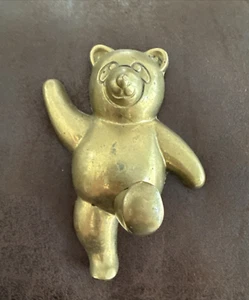 Vintage Brass Dancing Teddy Bear Panda Wall Plaque Hook Mcm Nursery Decor - Picture 1 of 4