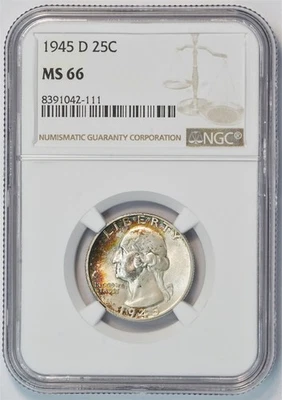 1945 D Washington Silver Quarter MS 66 NGC Crescent Rainbow Toning 25C US COIN - Image 1 of 4