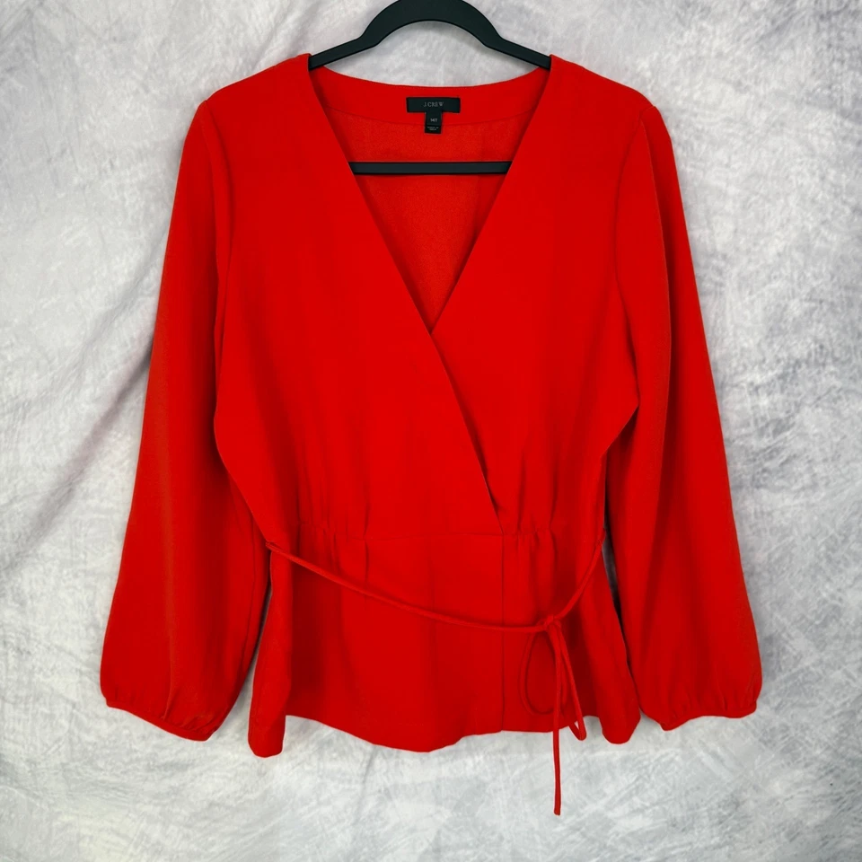 Top J Crew Rojo Imitación Envoltura Peplum Manga Larga Cinturón Talla 14T Alto Clásico Vacaciones Foto 1 de 4