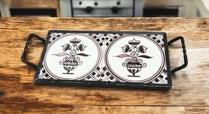 Antique Manganese Delft Urn Planter Tiles Held In Wrought Iron Handled Tray - Picture 1 of 9