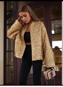 ZARA VIRAL ZW COLLECTION SEQUIN JACKET GOLD ROUND NECK NEW SIZE M REF 7925 993 - Picture 1 of 16