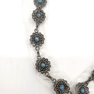 Western Concho Small Rosettes Belt Dark Silver Tone Turquoise Bead Center NEW - Picture 1 of 7