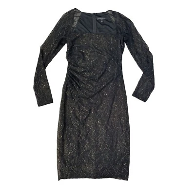 David Meister Illusion Dress Black Gold Metallic Mini Sheer Square Neck 2 $390 - Image 1 of 4