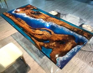 Custom Ocean Wave Walnut Wood Epoxy Dining Table – Handcrafted with Serene Wave - Picture 1 of 8