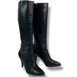 VIA SPIGA Black Leather Tall Knee High Boots Size 10.5 Stiletto Heel Classic - Picture 1 of 11