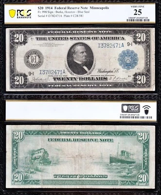 VERY NICE Bold & Crisp VF 1914 $20 MINNEAPOLIS FRN Note! PCGS 25 FREE SHIP! 2471 - Image 1 of 3