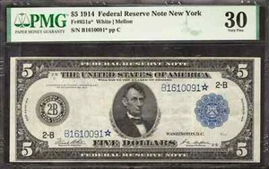 1914 $5 FEDERAL RESERVE STAR NOTE NEW YORK FR.851A* WHITE MELLON PMG 30 VF (091* - Picture 1 of 2