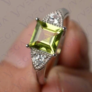 3.50ct Asscher Natural Peridot & Diamond Engagement Ring 18K White Gold Plated - Picture 1 of 15