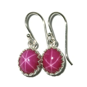 Star Ruby Crown Bezel Drop Earrings Polished Silver (10 x 8mm Lab Created) - Picture 1 of 5