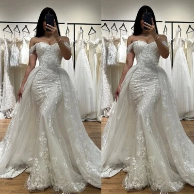 Boho Mermaid Wedding Dresses with Detachable Train Mermaid Tulle Bridal Gowns - Image 1 of 4