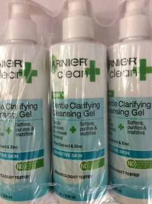 3 X Garnier Clean+ Clarifying Cleansing Gel Sensitive Skin, 8 Fluid Ounces NEW. - Image 1 of 4