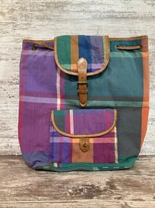 Borsa zaino vintage Ralph Lauren Madras a quadri e in pelle con coulisse - Foto 1 di 12