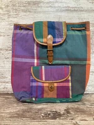 Vintage Ralph Lauren Madras Plaid And Leather Drawstring Backpack Bag - Image 1 of 4