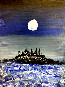 ACEO Original Acryl Halloween Gothic Schloss Insel Mond Mini Fantasy Kunst - Bild 1 von 5
