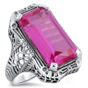 ART DECO STIL RING 925 STERLINGSILBER 9 KT ROSA IM LABOR HERGESTELLTES SAPHIR 319Z - Bild 1 von 4