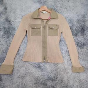 Vintage Tommy Hilfiger Rib Knit Slinky Zip Cardigan Top Womens S Beige 90s Y2K - Picture 1 of 19
