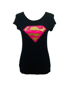 Girl's XL Shirt Superman Black and Pink Big Logo Cap Sleeve Scoop Neck - Picture 1 of 7