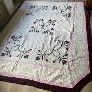 Vintage Hand Stitched Quilt Amish Made Floral Pink White Handmade Applique RARE - Picture 1 of 18