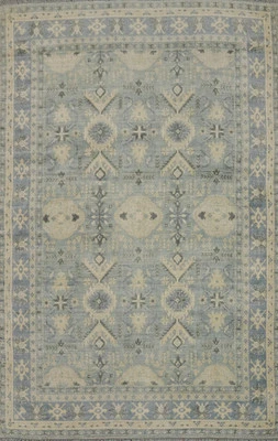 Handmade Light Blue Geometric Oushak Area Rug 6x8 Ft Transitional Silk Carpet - Image 1 of 4
