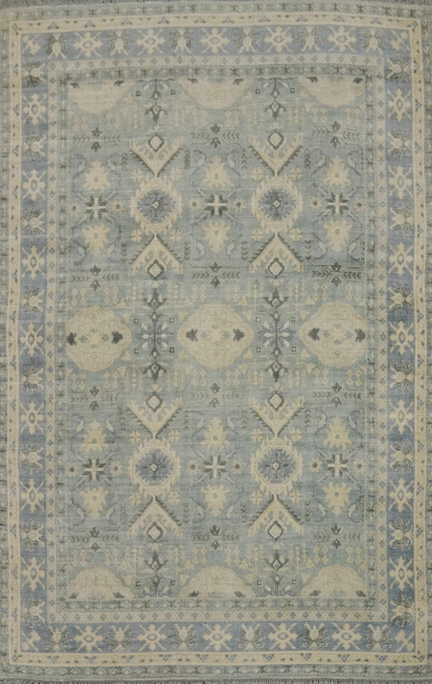 Handmade Light Blue Geometric Oushak Area Rug 6x8 Ft Transitional Silk Carpet - Image 1 of 4
