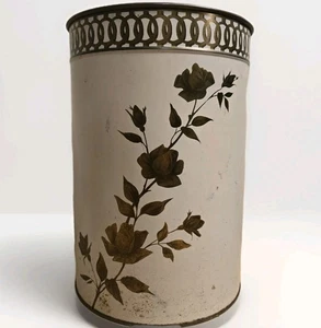 VTG Decoware Trash Can Wastebasket White Floral Roses Metal Cottage Romantic MCM - Picture 1 of 9