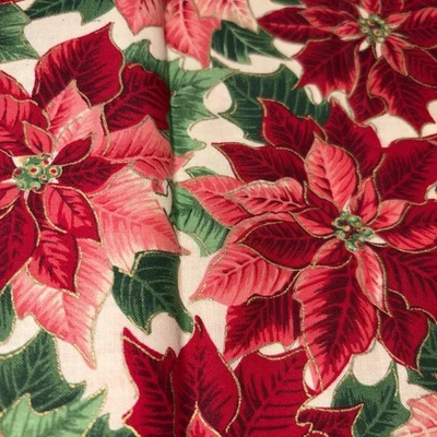Cranston VIP Cotton Fabric Red Poinsettias Christmas 42" x 35" - Image 1 of 3