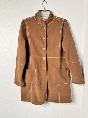 Susan Graver 女式外套羊毛 L 码双面棕色白色纽扣长袖 — 第 1/4 张图片