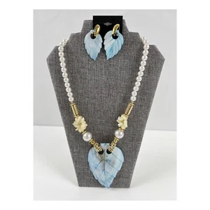 Set Orecchini Moda Collana Oversize Foglia Dichiarazione Tono Oro Finta Perla - Foto 1 di 5