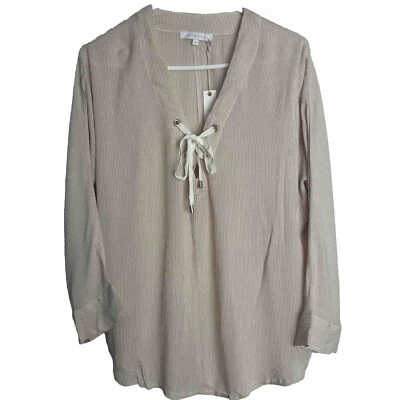 Olivaceous Micro Striped, V-Neck, Tie Lace Front, Long Sleeve Blouse Size M  NWT - Image 1 of 4