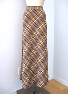 Vintage 60er 70er Mod braun gold kariert Tweedy Acryl A-Linie Maxi Hostess Rock 25 Zoll - Bild 1 von 4