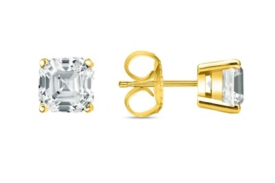 1.25 Ct Asscher Created Diamond Earrings Studs Real 14K Yellow Gold Basket Push - Image 1 of 3
