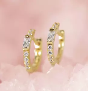 Huggie Hoop Earrings 14k Yellow Gold Cartilage Tiny Baguette for Second Piercing - Picture 1 of 9