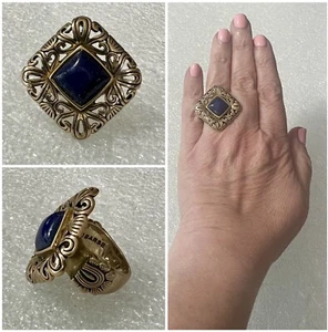BARSE Signed Large Ornate Filigree Bronze Blue Lapis Lazuli Ring Size 7 - Picture 1 of 11