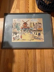 Vintage framed silk shiny watercolor painting Moulin Rouge by P Reraid P - Picture 1 of 7