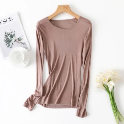 Mujer Mulberry Seda Manga Larga Camiseta y Chaleco Combo Cuello Redondo Color Sólido Foto 1 de 4