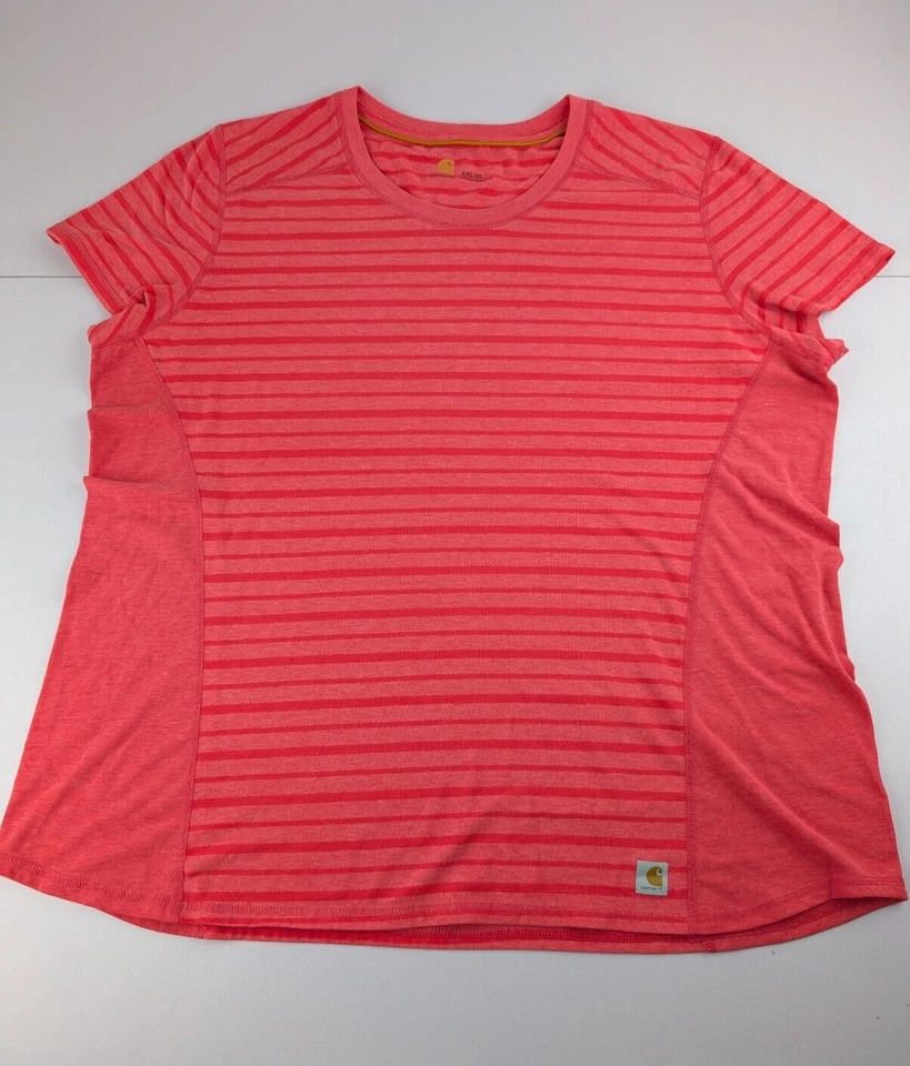 Carhartt T-Shirt Women's XXL (20) Salmon Striped Short Sleeve Force T-Shirt - Image 1 of 4