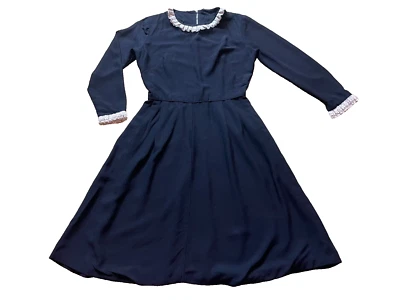 Vintage 30 40s Long Sleeve Black Midi Day Dress White Lace Modest Housewife S/M - Image 1 of 4